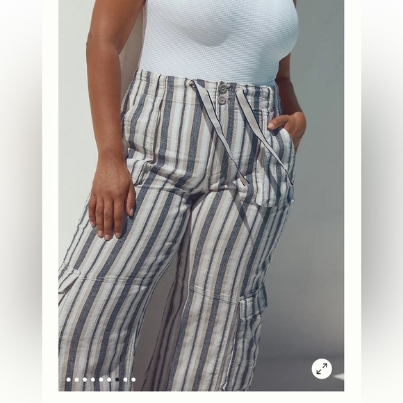 Pilcro Blue/White Stripe Linen Cotton Beach Wide Leg Baggy Cargo Pants - Picture 7 of 15